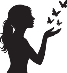 Woman releasing digital butterflies silhouette vector