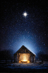 A brilliant star illuminates the manger on Christmas Eve, revealing the face of baby Jesus surrounded by soft light and falling snow, evoking peace and wonder