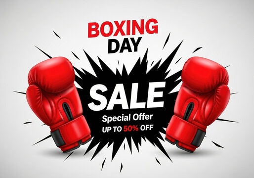 Boxing day sale promotion with red boxing gloves and special offer up to 50% off on light background for celebration