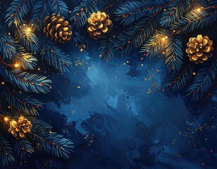 Festive pine boughs, cones, and glowing lights on blue