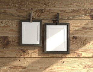 Two frames hung by clothespins on wooden wall