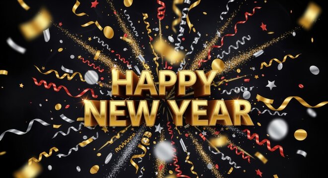 A festive "Happy New Year" greeting with exploding gold and silver confetti on a black background.