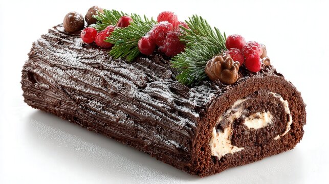 Yule log cake isolated on white background