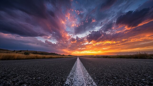 Dramatic sunset over an endless highway, promising adventure and freedom on the open road, inspiring travel and exploration with vibrant colors - Powered by Adobe