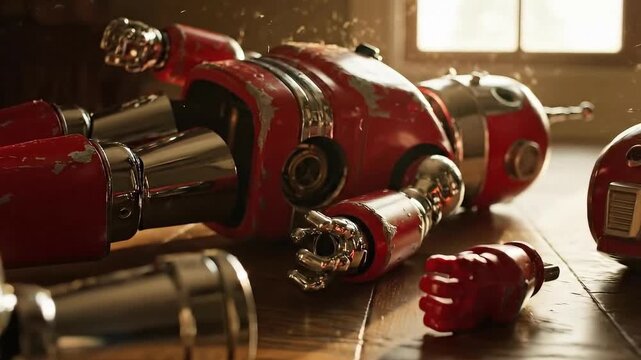 Broken vintage robot lying on wooden floor with detached hand and arm pieces
