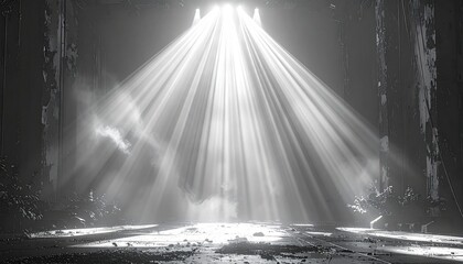 Beam illuminates a desolate, damaged, grayscale scene