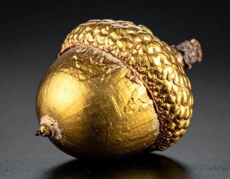 Close-up of golden acorn on dark reflective surface, detailed texture
