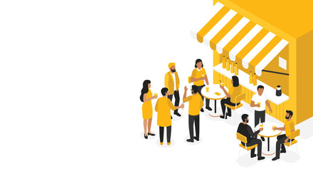 Cheerful isometric crowd enjoying drinks at trendy outdoor bar during happy hour, perfect for summer party promos and social gathering concepts