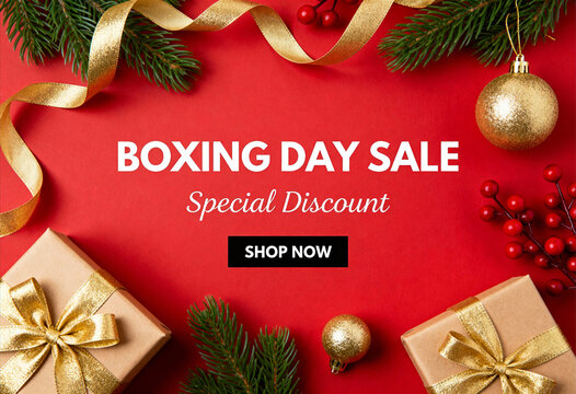 Boxing day sale special discount shop now text surrounded by gifts and evergreen branches on a red background