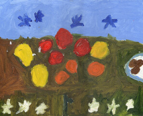 Fantasy still life, blue birds with tropical fruits and flowers on a green grass background. Hand drawn Gouache painting
