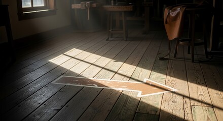 Arrow Signified the Light's Path on the Wooden Floor in Dusty Workshop for Guidance