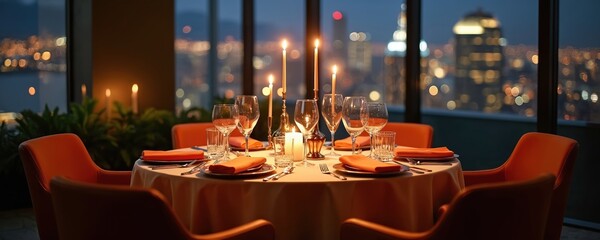 Elegant business dinner scene in upscale restaurant. Warm lighting highlights formal table setting with silverware, candlelight. City skyline view creates luxurious atmosphere for special event.