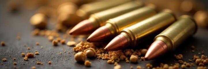 Close-up view of assorted brass bullet shells , macro, shells