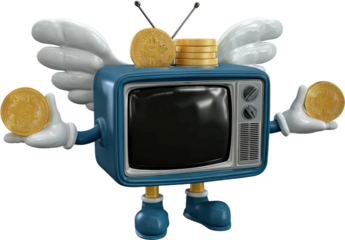 Cartoon TV character holding cryptocurrency coins and stacks of coins