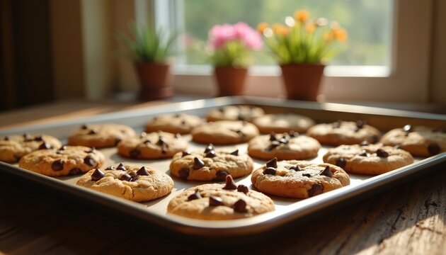 Tray of warm chocolate chip cookies cooling on a kitchen counter near a window. Freshly baked treats ready to eat. Homemade baked goods perfect for snacks. - Powered by Adobe