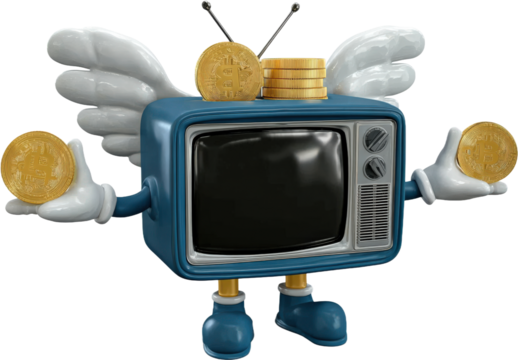 Cartoon TV character holding cryptocurrency coins and stacks of coins