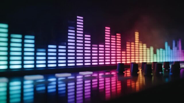 Colorful LED graphic equalizer moving to the music. Digital audio spectrum analyzer with vibrant lights. Sound frequency and rhythm visualization on a dark background