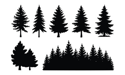 Pine Tree and Forest Silhouette Collection, Set of Evergreen Tree Outlines, Conifer Tree Silhouettes and Forest Treeline, Black Nature Landscape Graphic Elements, vector, illustration.