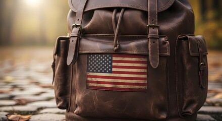 Closeup of a vintage brown leather backpack with an american flag patch
