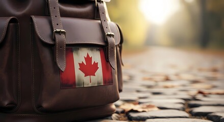 Brown leather backpack with canadian flag patch on a cobblestone path