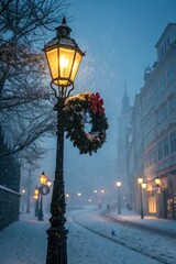 Snowy city street glows with holiday cheer tonight