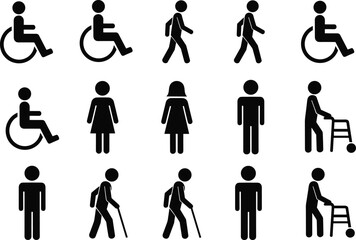 Vector set of human pictogram icons including wheelchair user, standing man and woman, walking person, elderly with cane and walker, accessibility public toilet symbols