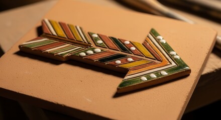 Artisan Arrow Of Colorful Ceramic On Tile Board Signifies Direction And Creativity