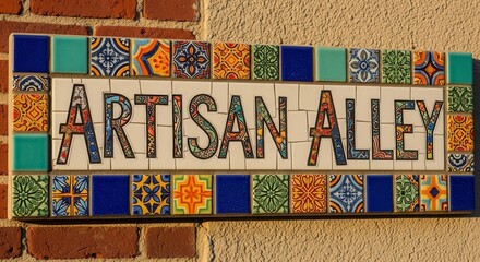 Artisan Alley Signage Displaying Decorative Tilework And Unique Mosaic Letter Art