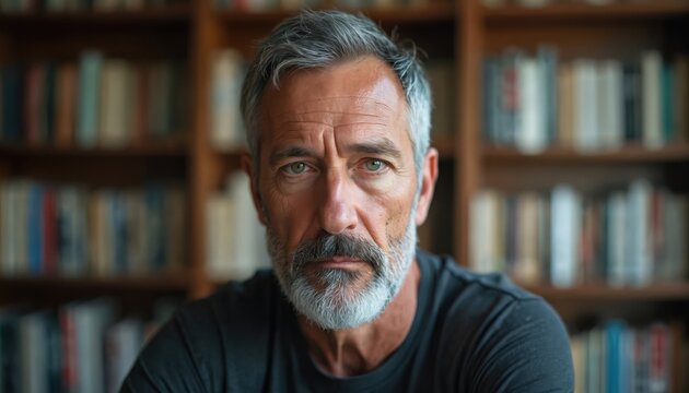 Mature man with graying hair and beard looks directly at camera with serious expression. He is indoors with bookshelves in background. His facial features are detailed and defined.