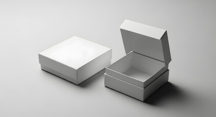 Two square white boxes one open on a light gray background