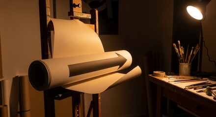 Artistic Studio Scene Featuring Paper Roll With Arrow Symbol And Painting Tools