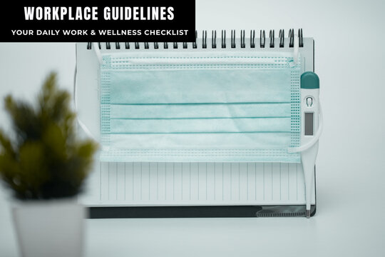 Workplace Guidelines Template on Office Desk with Mask and Thermometer – Daily Work and Wellness Checklist.
