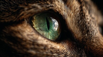 Intense close-up of a mesmerizing green cat eye with stunning detail and depth perfect for animal lovers and pet brands seeking connection