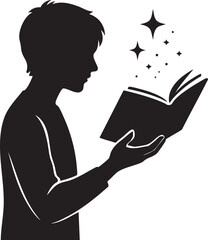Person reading a magical floating book silhouette vector