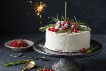 Celebration cake with berries and sparkler magic