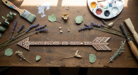 Artistic Wooden Arrow, Palette, and Botanical Elements on a Rustic Wooden Surface
