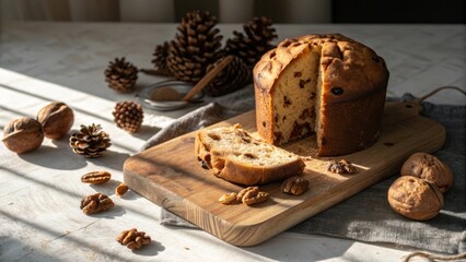 Enjoy delicious panettone with walnuts and pinecones