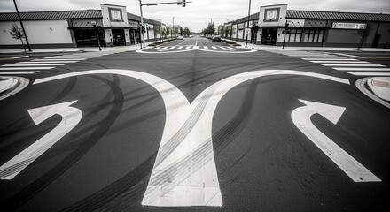 Asphalt Crossroads Showcasing Directional Road Markings Amidst An Urban Landscape
