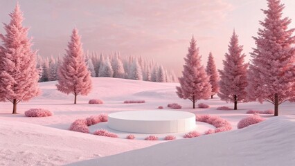 Winter product display surrounded by pink trees