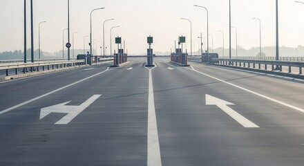 Asphalt Road Leading Towards Toll Booths with Directional Arrows in Morning Haze
