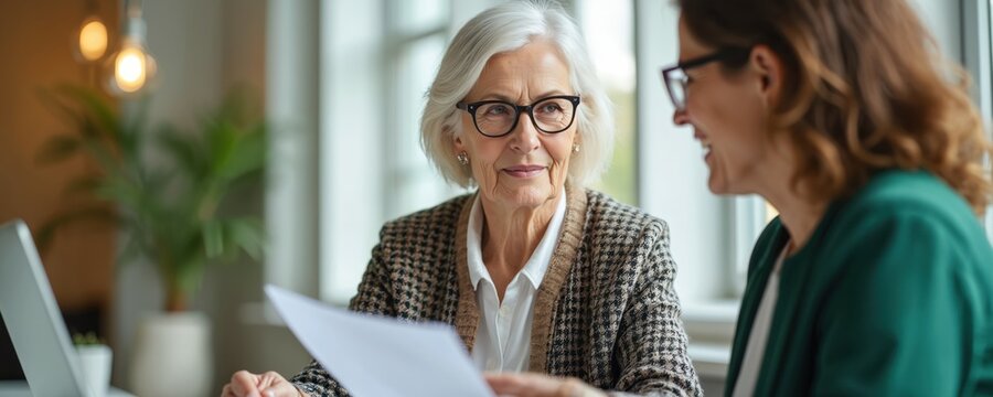 Older woman in glasses talks with younger woman about insurance policy documents. They sit at a desk, review papers, discuss elder care options and retirement planning for future security. - Powered by Adobe