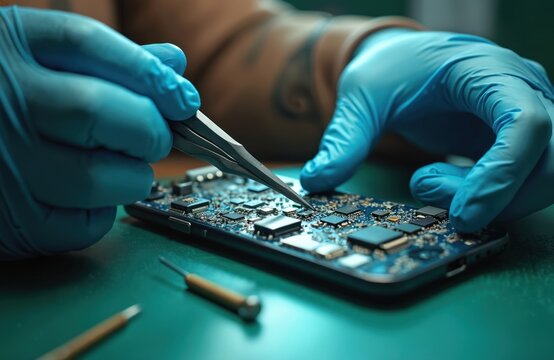 Technician in blue gloves works on smartphone motherboard with tweezers. Close up detail on intricate circuitry, electronic components repaired. Skilled hands assemble small device parts with