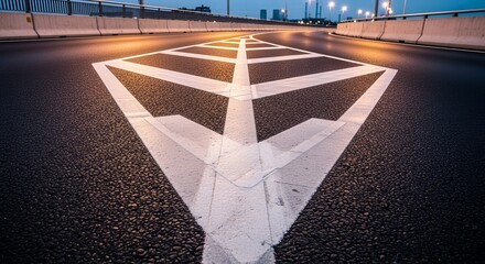 Asphalt Road Markings Detail With Leading Lines And Geometric Shapes In Evening Light