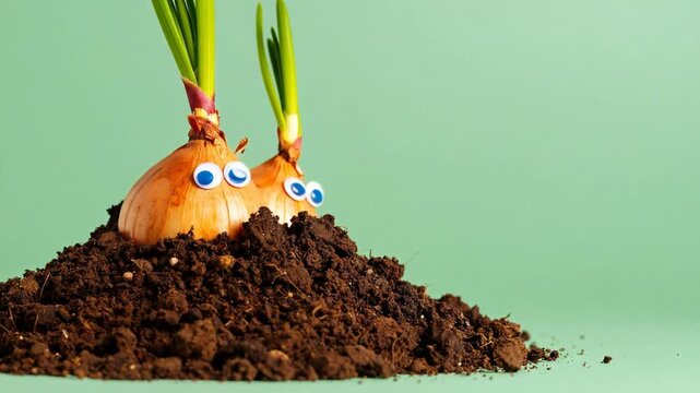 Two onions with googly eyes sprout from soil against a pastel green backdrop