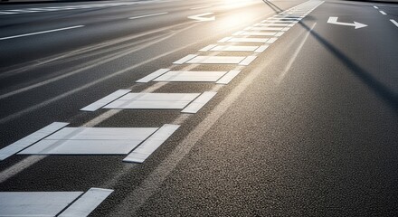 Asphalt Road Surface Detail with Markings Illuminated by Natural Sunlight