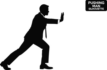 Vector silhouette of a businessman in a suit pushing an invisible heavy object isolated on white background for corporate challenge and effort concept illustration.