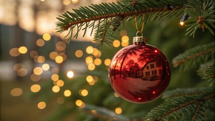 Sparkling Christmas ornament reflecting cozy home scene