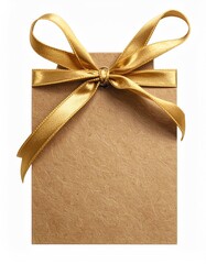 Tag with golden ribbon and bow on white background