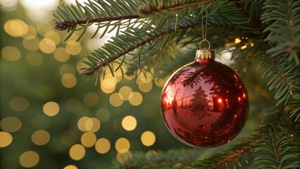 Festive red ornament hanging on Christmas tree