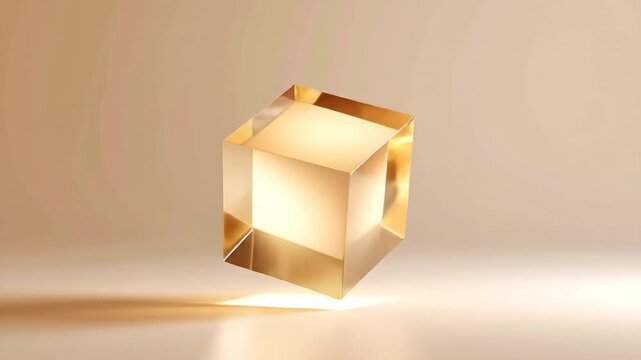 A geometric abstract composition depicting a glowing cube with golden edges floating in a beige space